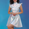 Women Metallic Shiny Dress Holographic Solid Color Turtleneck Pleated Dress Carnival Costume Gold Silver Rave Dress Outfits