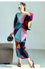 Pleated Batwing Sleeves Dress For Women's Autumn High End And Relaxed Print V-neck Holiday Dresses 17G1980