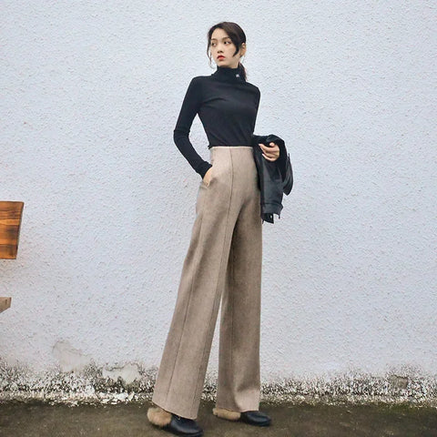 Korean Autumn Winter High Waist Wool Blend Womens Pants Loose Casual Female Straight Trousers Versatile Lady Pants