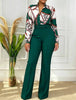 Autumn Women Elegant Outfit Set Printed Stand Collar Long Sleeve Shirt Top Straight‑leg Pants Casual Two‑piece Set