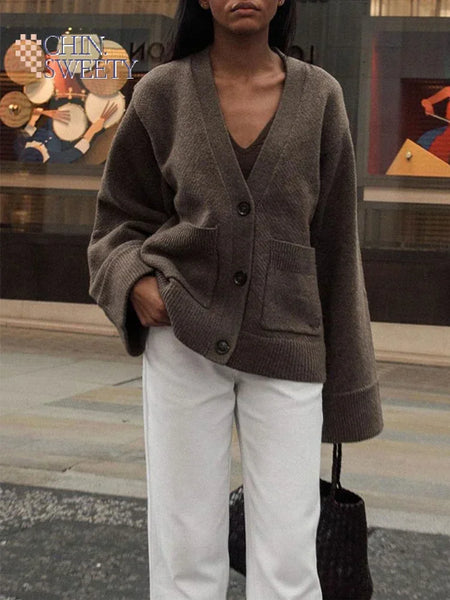 Women's Cropped Cardigans V-neck Knitted Sweater Coat Long Sleeve with Pocket Casual Streetwear Outwear Autumn