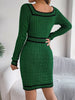 Autumn Winter Casual Elegant Square Collar Button Decoration Knitted Dress Long Sleeve Bodycon Dress for Women