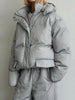 Women Vertical Striped 2‑Piece Winter Outfit Detachable Hood Puffer Jacket Drawstring Baggy Snow Pants Warm Matching Sets