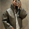 Croc Embossed Cropped Faux Leather Jacket High Stand Collar Long Sleeve Oversized Women Jackets Autumn Chic Coats