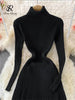 Women Pleated Knitted Dress Turtleneck Long Sleeve Elastic Slim Pencil Dress Autumn Winter Sexy Bodycon Sweater Dress