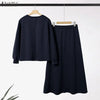 Women Autumn Pullover Sweatshirt and Elastic Waist A-Line Midi Skirt 2 Pieces Dress Sets Cozy Casual Solid Suits Outfits
