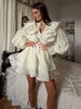 Solid Ruffle Mini Dress U Neck Long Puff Sleeve Tie Neck Tiered Hem Sweet Style Gown Soft Pastel Tones Chic Women Outfit