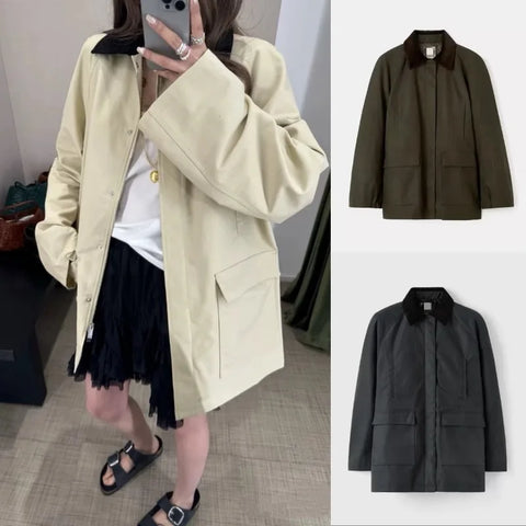 Single-Breasted Jacket Loose Corduroy Turn-Down Collar Long Sleeve Ladies Loose Coat with Pockets Spring Women