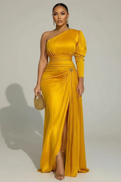 One Shoulder Evening Dress for Women's Plus Size Split Hem Sexy Formal Solid Satin Cocktail Wedding Guest Party Maxi Dress