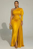 One Shoulder Evening Dress for Women's Plus Size Split Hem Sexy Formal Solid Satin Cocktail Wedding Guest Party Maxi Dress