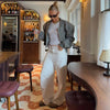 Double Zip Rib Collar Women Cropped Jacket Long Sleeve Side Pockets Loose Oversized Solid Autumn Coats Daily Chic Jackets