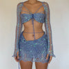 Sexy Sequined Knitted Sweater Party Dresses 3 Piece Skirt Sets Womens Outfits Flare Long Sleeve See Through Clue Wear Dress
