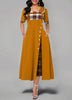 Women's Irregular Lattice Patchwork Long Dresses Vintage Buttons O Neck Half Sleeves Casual Lady Commuting Dress