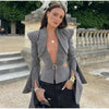 Sexy Deep V-neck Woolen Jackets Women's Hollow Up Waist Split Flare Long Sleeves Metal Buckle Coat High Street Jacket