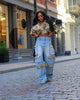Washed Denim Women's Set Full Sleeve Floral Jacket and Pockets Cargo Jeans Pants Suit Street Two 2 Piece Set Outfit