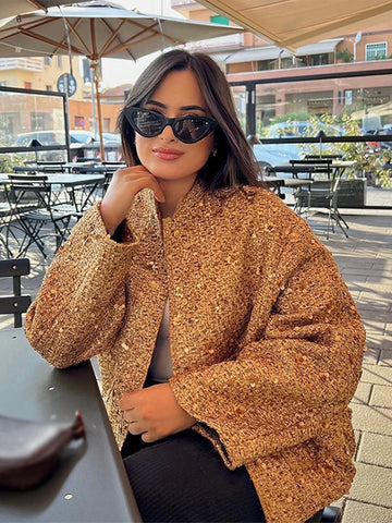 Gold Sequins Bomber Jacket For Women Chic Stand Collar Long Sleeve Coat Female Winter Autumn Lady Street Outerwear