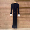 Dark Blue Knitted Robe Women Long Sleeve Slim A-Line Splices Mid-Length Dress