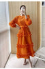 Elegant Women Pleated Dress O Neck 3D Floral Long Sleeves Fungus Spliced Design A-line Dresses Party 2AA1375