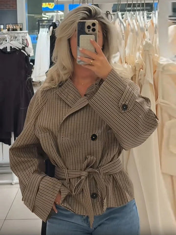 Plaid Cropped Trench Coat Women Chic Lapel Double Breasted Belted Waist Tie Long Sleeve Jacket Fall Windbreaker Outerwear