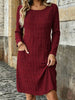 Fall Women Plus Size Midi Dress, Solid Round Neck Long Sleeve Casual Dress with Pockets, Loose Daily Wear Dress for Ladies