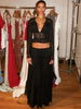 Elegant Sexy Two Piece Set Women V Neck Long Sleeve T-shirt Maxi Skirt Matching Set Female Loose Pleated Club Dress Set