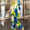 Blue Green Tie-Dye Print Women's Two-piece Set Three-quarter Sleeves A-line Top Wide Leg Pants Spring 2DB7115
