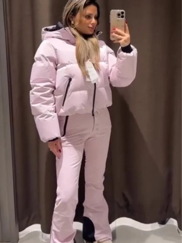 Women Pocket Long Sleeve Zipper Hooded Skiing Cotton-padded Drawstring Jacket+High Waist Casual Winter Pant Set