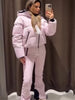 Women Pocket Long Sleeve Zipper Hooded Skiing Cotton-padded Drawstring Jacket+High Waist Casual Winter Pant Set