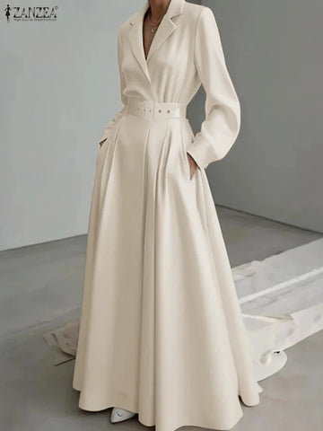 Women Autumn OL Work Dress Elegant Lapel Long Sleeve Office Dresses Solid Belted Robe Stylish A Line Party Vestidos