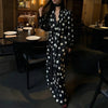 Retro Elegant Satin Polka Dots V Neck Maxi Dress Suit Women Ribbon Lace Full Sleeve Puff Sleeve Waist Cinched Long Dresses