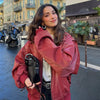 Women Stand Collar Leather Pilot Jacket Red Zipper Cropped Coat Casual Outerwear Streetwear