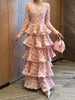 Elegant Spliced 3D Flower Dresses for Women O Neck Long Sleeves High Waist Patchwork Ruffles Folds Dress Female