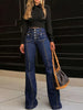 Women Jeans Flare Pants High Waist Streetwear Pockets Buttons Trousers Autumn Female Casual Stretch Denim Floor Length