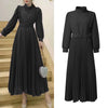 Women's Elegant Chic Maxi Dresses Turtleneck Lantern Sleeves Belted High Waist Pleated Long Dress Korean Style Robe Femme
