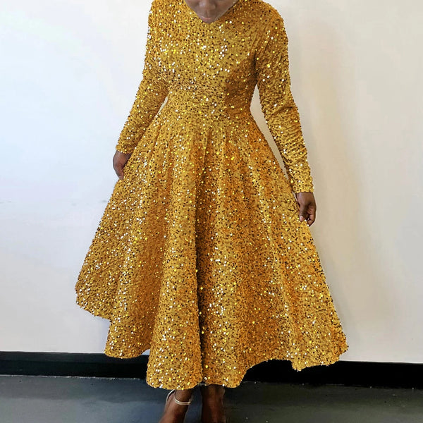 Vintage Sequin Women Church Swing Dresses Long Sleeve O-Neck High Waist Elegant Glitter Banquet Party Evening Dress