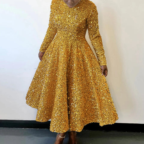 Vintage Sequin Women Church Swing Dresses Long Sleeve O-Neck High Waist Elegant Glitter Banquet Party Evening Dress
