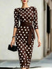 Elegant Women Office Party Midi Dress Polka Dot 3/4 Sleeve Pencil Dresses Spring Round Neck With Belt Slim Dress Robe