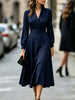 Autumn Women's Notched Work Long Sleeve Maxi Dress Wrap Waist A Line Midi Dress Elegant Long Party Dress Robe Femme