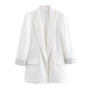 Women Solid Blazer Notched Collar Long Roll up Sleeves Female Chic Office Lady Business Outfits