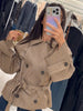 Women Casual Plaid Cropped Trench Coat Lapel Double Breasted Belted Waist Loose Long Sleeve Checkered Jacket Autumn Windbreaker