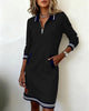Autumn Winter Versatile Women's Dress Casual Contrasting Color Splicing Lapel Long-sleeved Loose Dress With Pockets