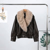 Elegant PU Fur Patchwork Jacket Women Loose Detachable Collar Lapel Double Breasted Jackets Female Winter Warm Outwear