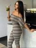 Stripes Print 2 Piece Set Women Slash Neck Half Sleeve Crop T-Shirt+Capri Pants Casuals Chic Street Sport Suits