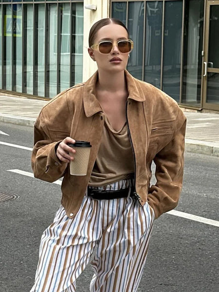 Retro Brown Suede Lapel Zippered Short Jackets Women's Casual Full Sleeves Pocket Loose Coats Spring Daily Commute Outwear
