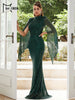Elegant Apricot Sequin Muslim Party Dress Women Split Sleeve High Neck Bodycon Dubai Evening Dresses Prom Gown