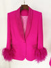 High Street Designer Jacket Women's Ostrich Real Feather Embellished Diamonds Shawl Collar Blazer