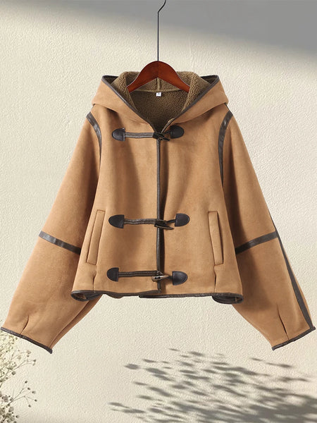 Elegant Hooded Plush Short Coat Women Retro Chic Suede Single Breasted Jackets Coats Female Winter Casual Street Outwear