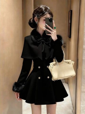 French Elegant Vintage Woolen 2 Piece Set Women Faux Fur Collar Cape + Fit Chic Dress Winter A-Line Retro Party Outfits