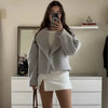 Autumn Grey Woolen Short Overcoats Elegant Female Lapel Full Sleeves Cropped Jacket Lady Commute High Street Outerwear