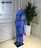 Women Tie Dye Print O-neck Ribbon Long Sleeve Long Dress Street Evening Birthday Club Party Vestidos Sexy Dresses
